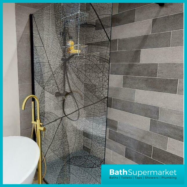 1200mm Designer Black Leaf Design Walkin Wetroom Shower Enclosure 8mm