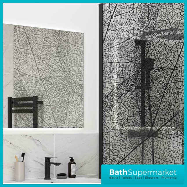 1200mm Designer Black Leaf Design Walkin Wetroom Shower Enclosure 8mm