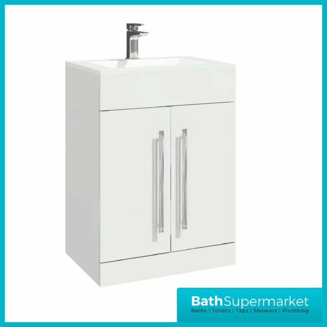 Floor Standing Gloss White 2-Door Vanity Unit & Thin Edge Basin 600mm