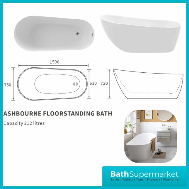 Ashbourne Modern Freestanding 1500x750x720mm Slipper Bath