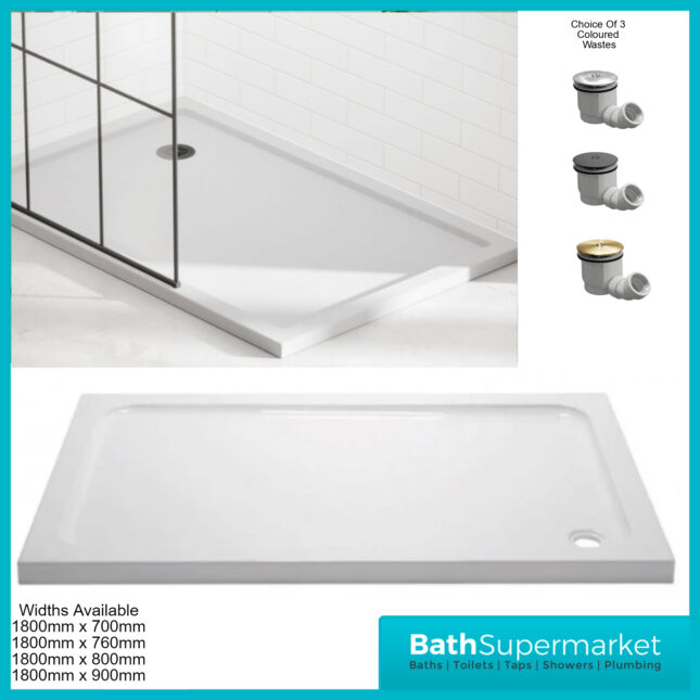 April White Stone Resin Rectangular Shower Tray With Waste 1800mm x 800mm