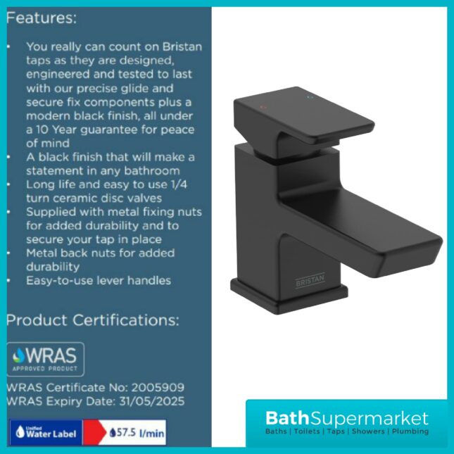 Bristan Cobalt Black Mono Basin Mixer Tap & Clicker Waste