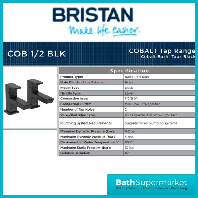 Bristan Cobalt Black Pair Lever Basin Taps