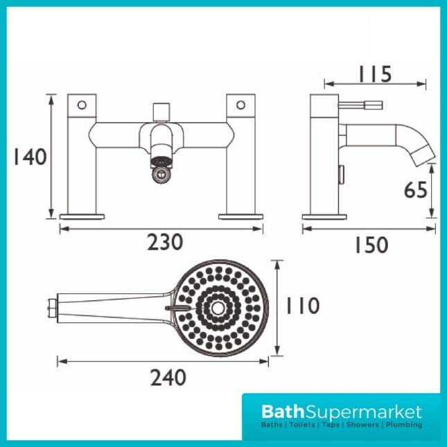 Bristan Mila Black Bath Shower Mixer Tap With Hose & Bracket - Image 6