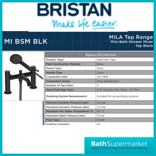 Bristan Mila Black Bath Shower Mixer Tap With Hose & Bracket