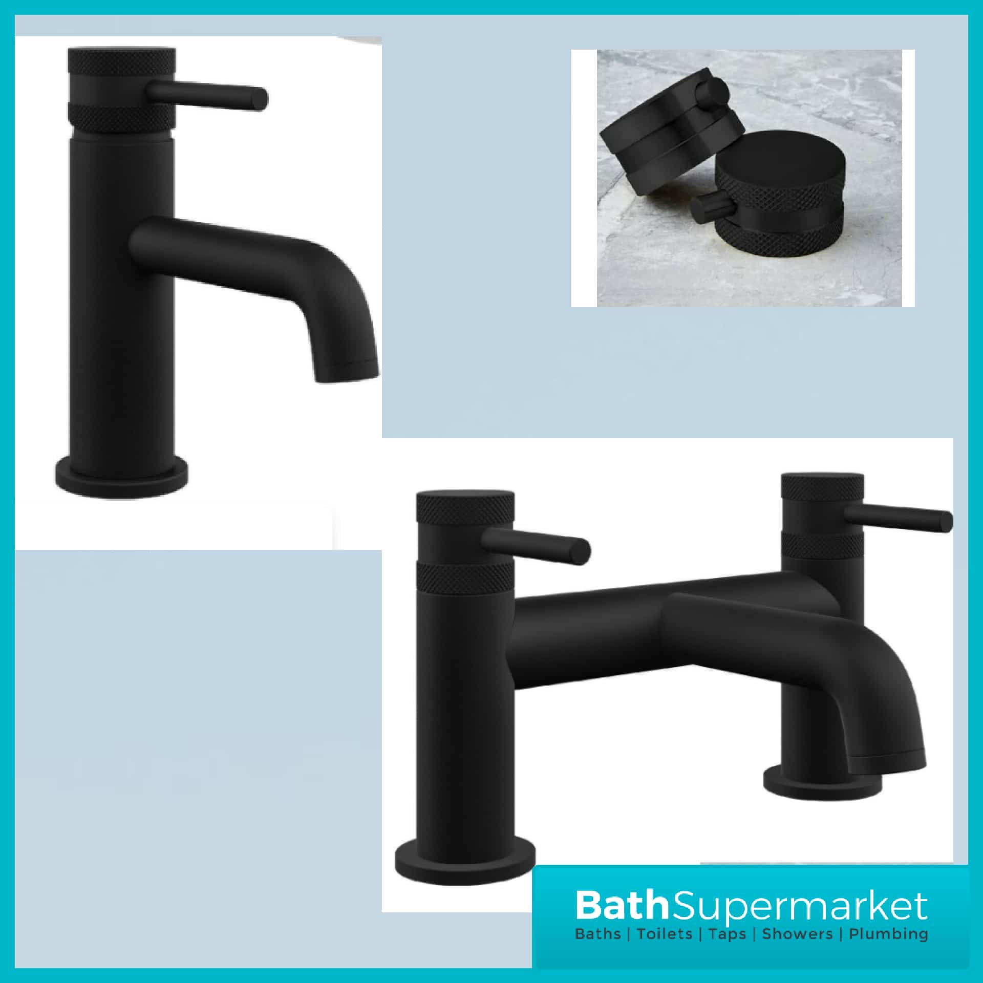 Knurled Round Black Basin Mono Mixer & Bath Filler Tap Pack With Screw Head 2 Types
