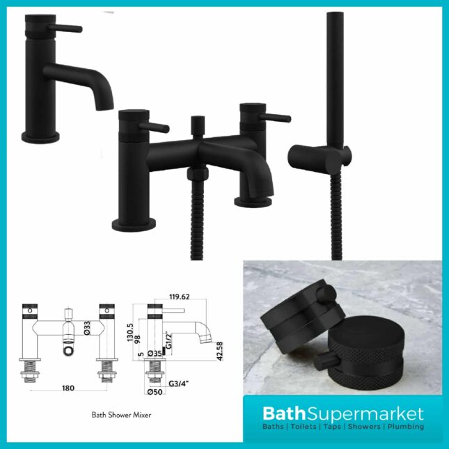 Knurled Round Black Basin Mono Mixer & Bath Shower Mixer Tap Pack With Screw Head 2 Types