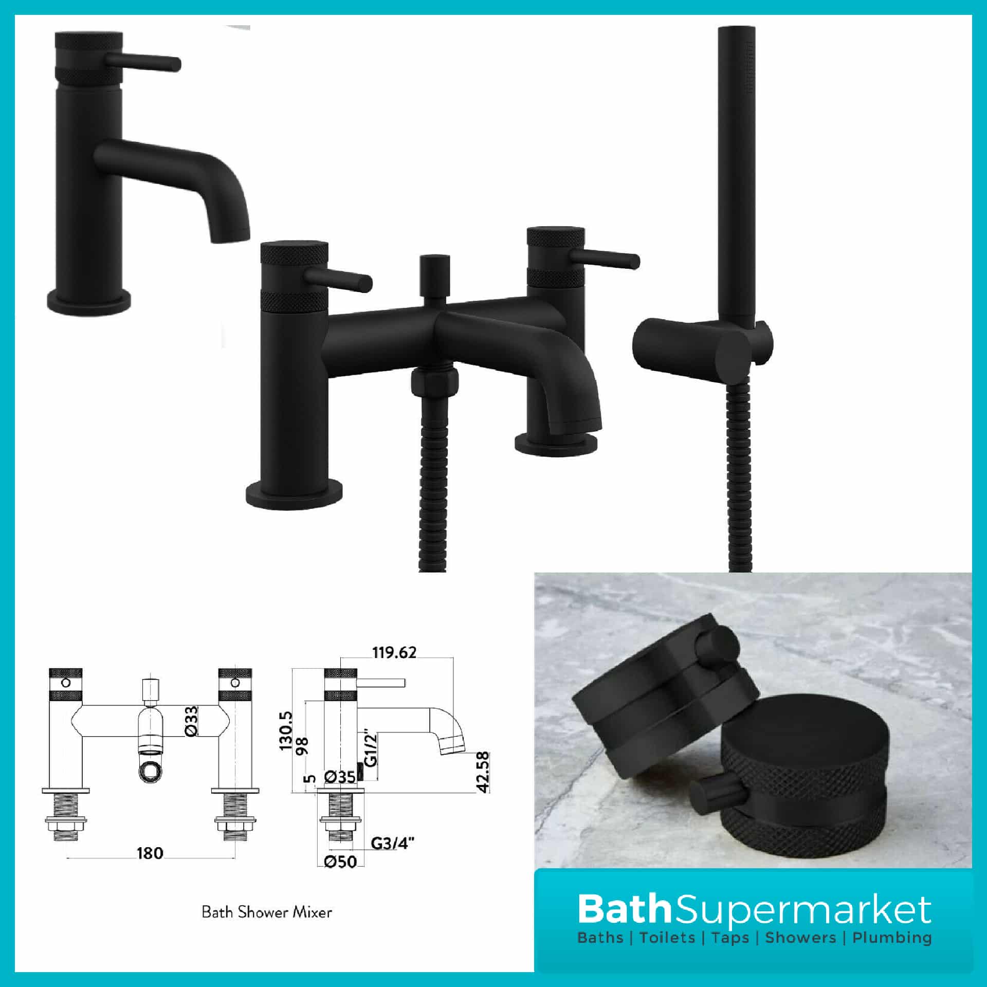 Knurled Round Black Basin Mono Mixer & Bath Shower Mixer Tap Pack With Screw Head 2 Types