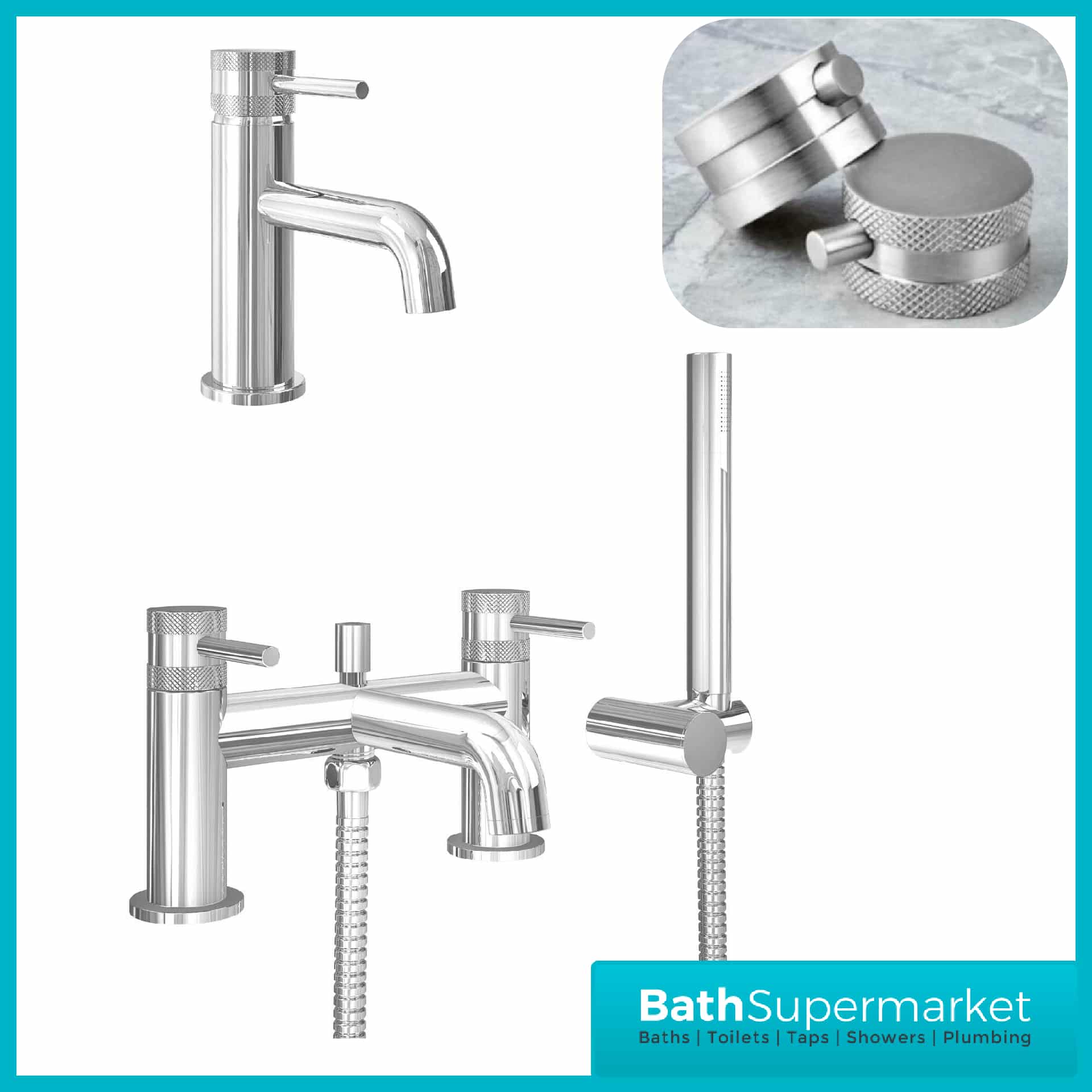 Knurled Round Chrome Basin Mono Mixer & Bath Shower Mixer Tap Pack With Screw Head 2 Types