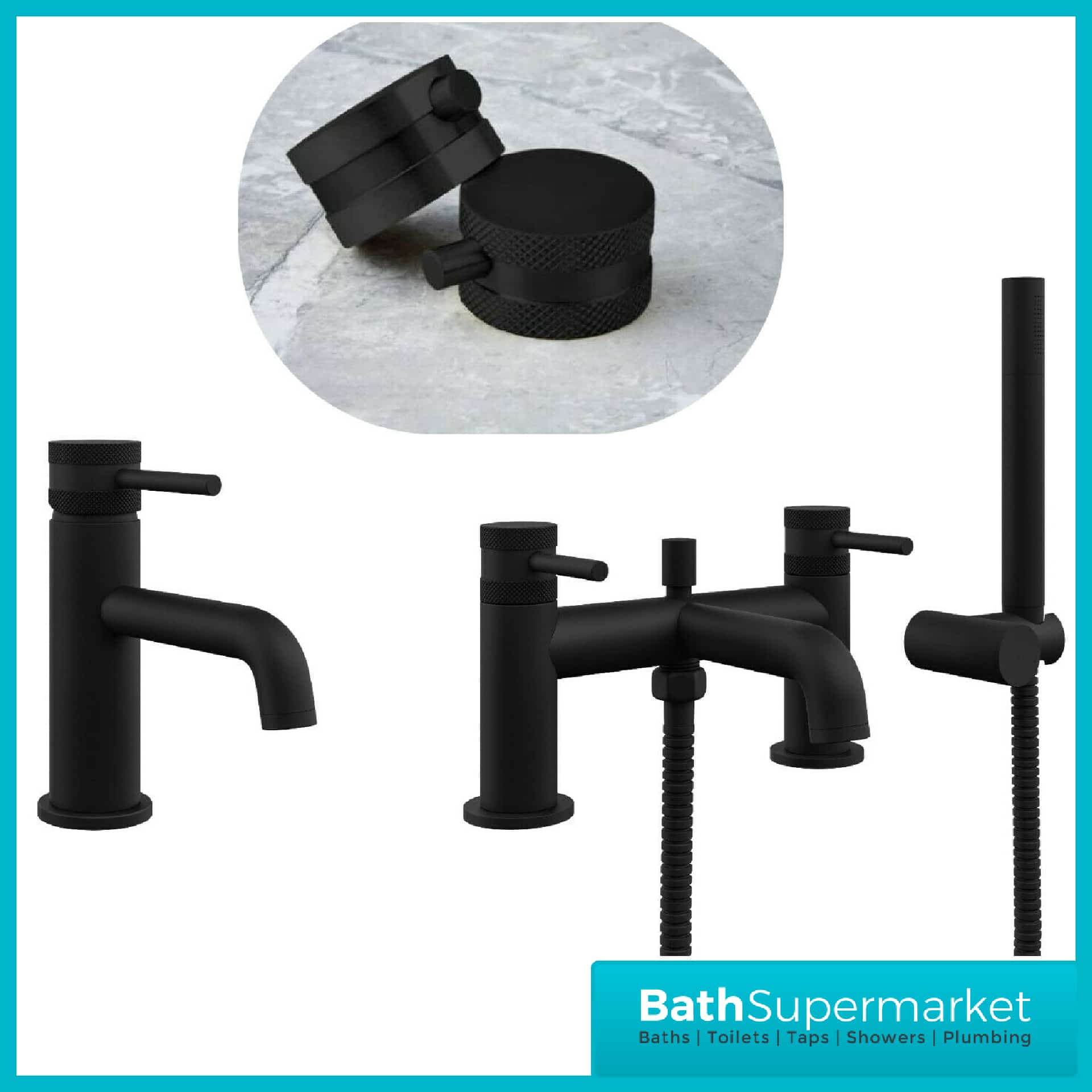 Knurled Round Black Basin Mono Mixer & Bath Shower Mixer Tap Pack With Screw Head 2 Types
