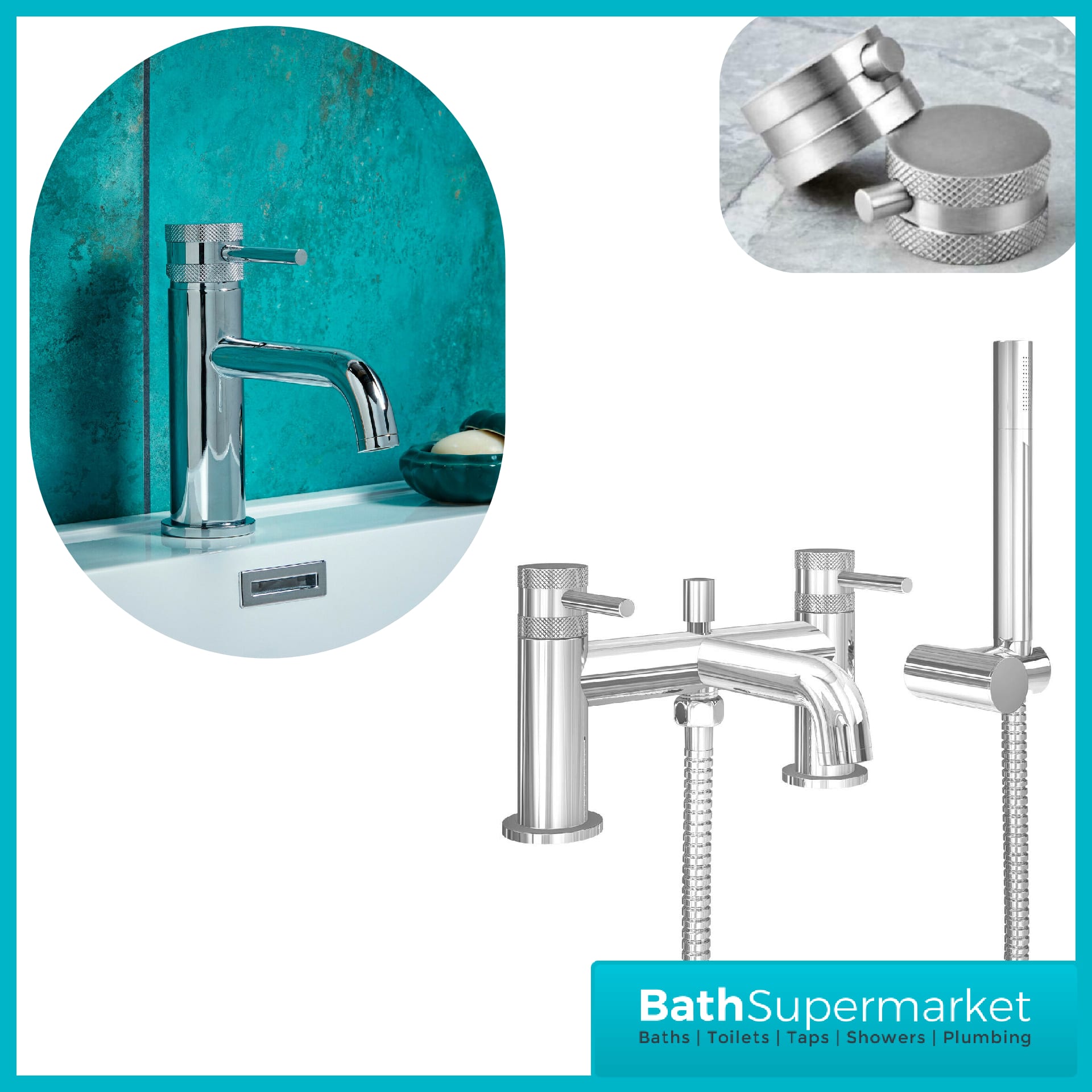 Knurled Round Chrome Basin Mono Mixer & Bath Shower Mixer Tap Pack With Screw Head 2 Types