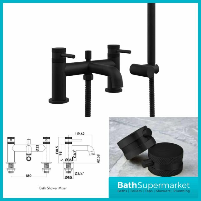 Knurled Round Black Bath Shower Mixer Tap With Screw Head 2 Types