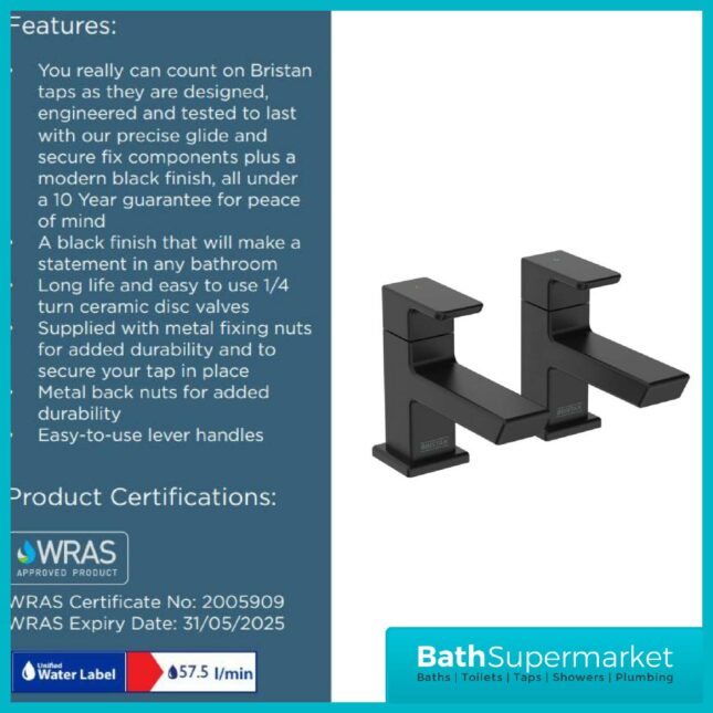 Bristan Cobalt Black Pair Lever Basin Taps