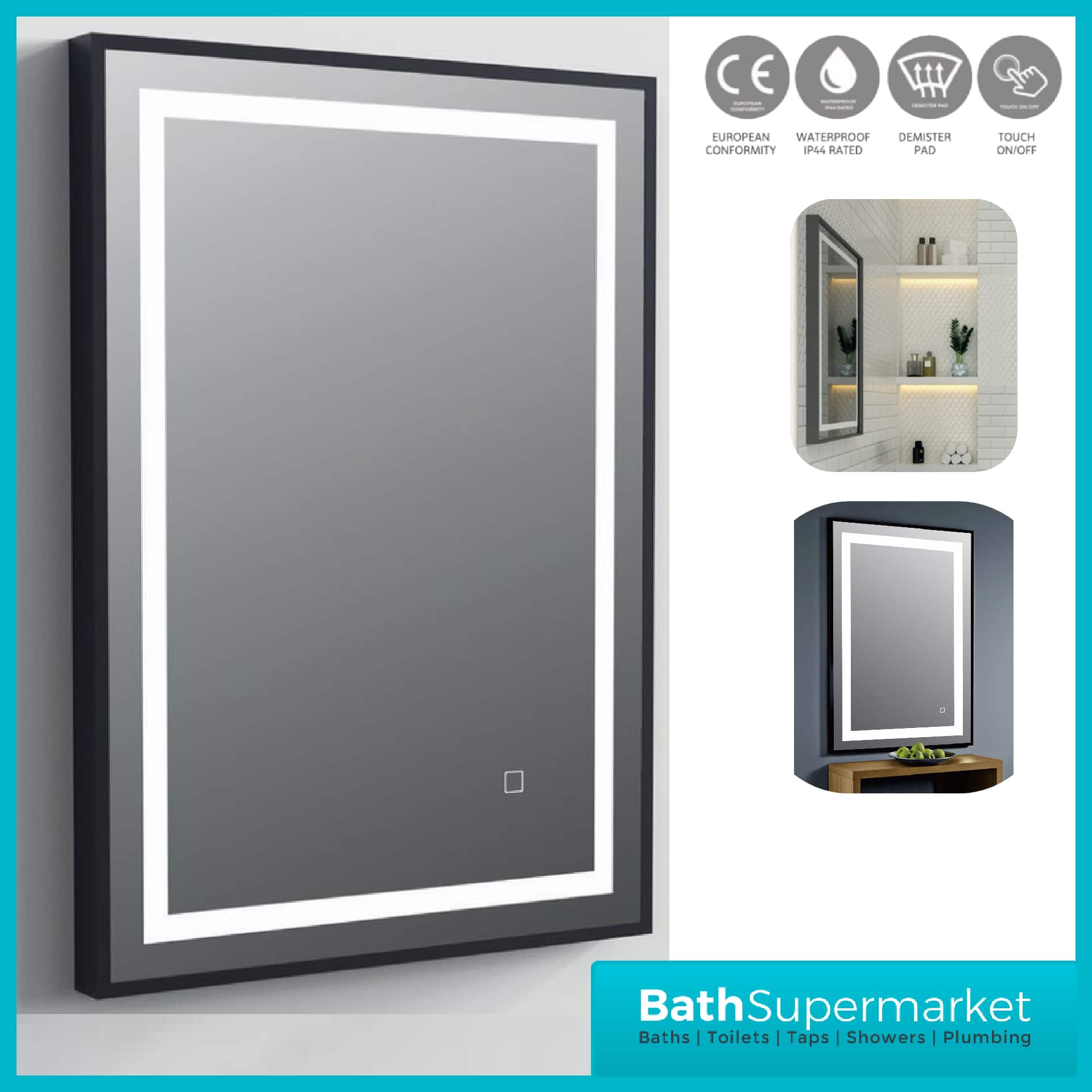 Tailored Darcy Touch Sensor LED Matte Black Frame Mirror With Demister 500mm x 700mm