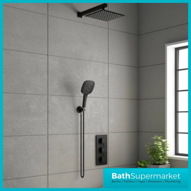 Orca Matt Black Square Concealed Thermostatic 3 Handle 2 Outlet Shower Kit