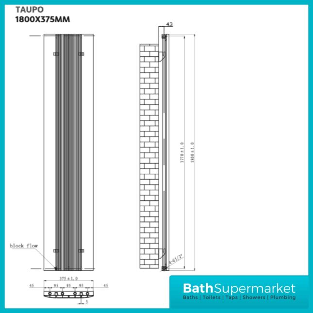 Taupo Anthracite Grey Modern Aluminium Radiator 1800mm x 375mm