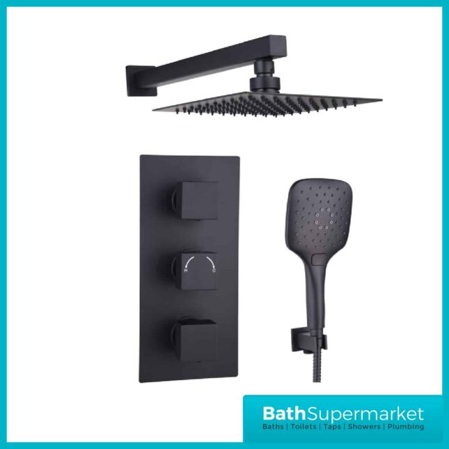 Orca Matt Black Square Concealed Thermostatic 3 Handle Valve 2 Outlet Shower Kit