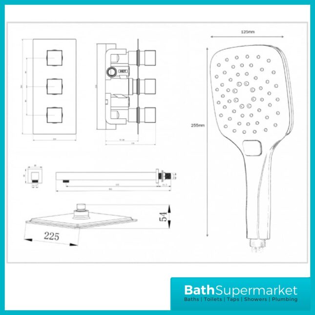Orca Matt Black Square Concealed Thermostatic 3 Handle Valve 2 Outlet Shower Kit