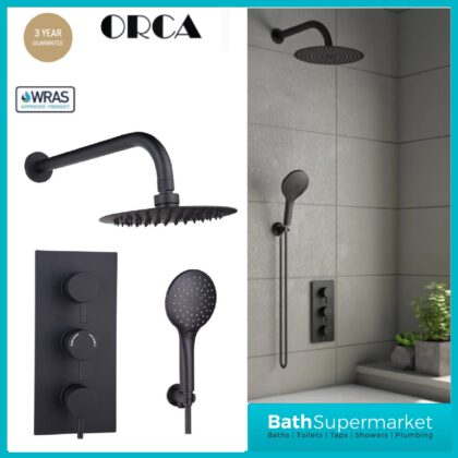 Orca Matt Black Round Concealed Thermostatic 3 Handle Valve 2 Outlet Shower Kit
