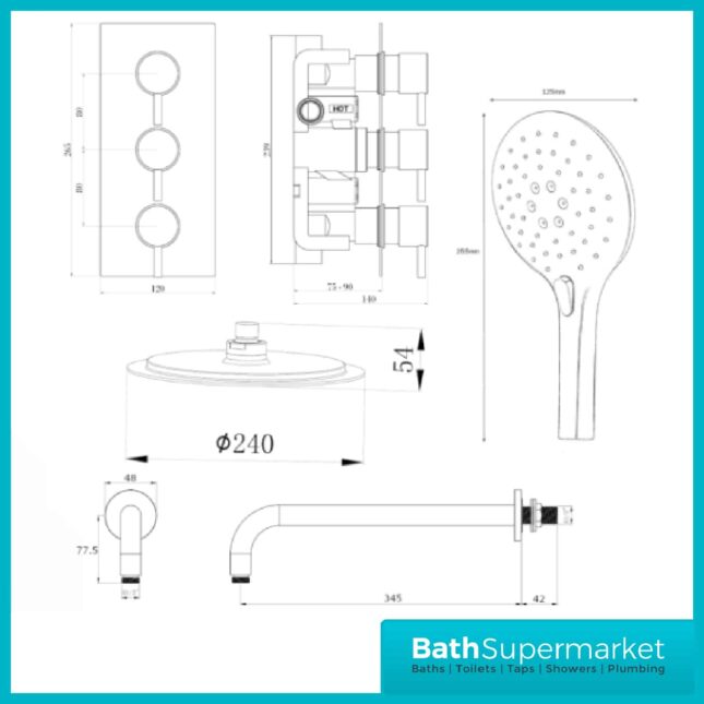 Orca Matt Black Round Concealed Thermostatic 3 Handle Valve 2 Outlet Shower Kit