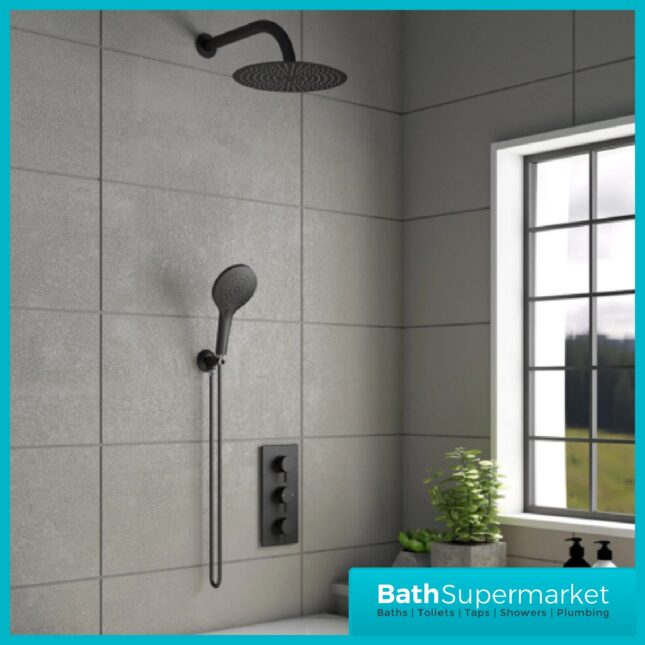 Orca Matt Black Round Concealed Thermostatic 3 Handle Valve 2 Outlet Shower Kit