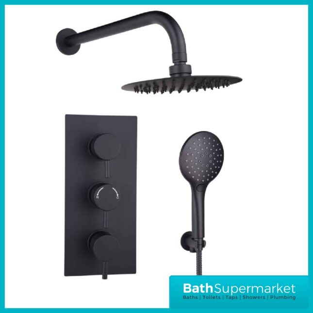 Orca Matt Black Round Concealed Thermostatic 3 Handle Valve 2 Outlet Shower Kit