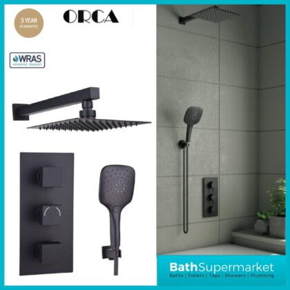 Orca Matt Black Square Concealed Thermostatic 3 Handle 2 Outlet Shower Kit