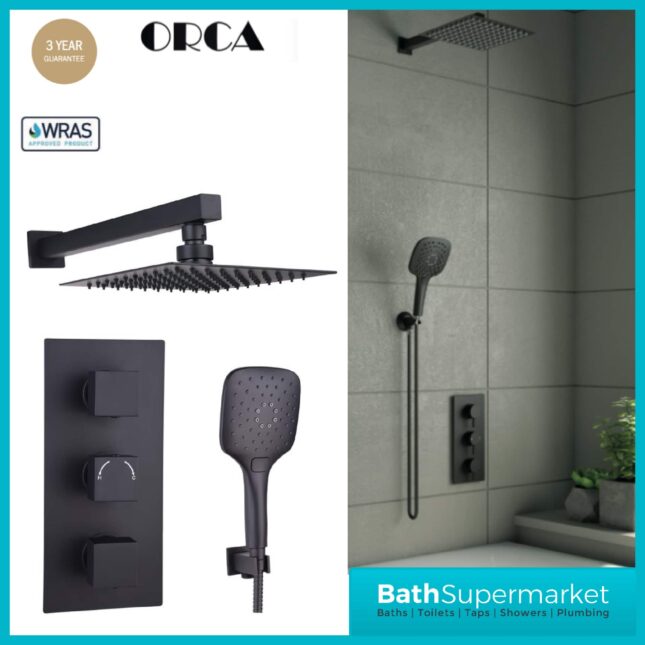Orca Matt Black Square Concealed Thermostatic 3 Handle 2 Outlet Shower Kit