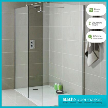 K-Vit 8 Wet Room Screen Glass Panel Screen 8mm & Support Arm 700mm - 1200mm Width