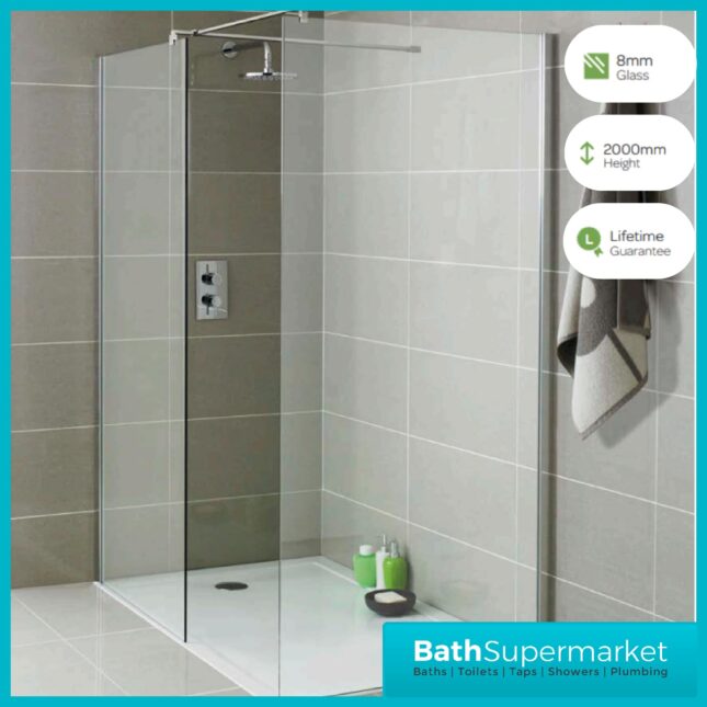 K-Vit 8 Wet Room Screen Glass Panel Screen 8mm & Support Arm 700mm - 1200mm Width