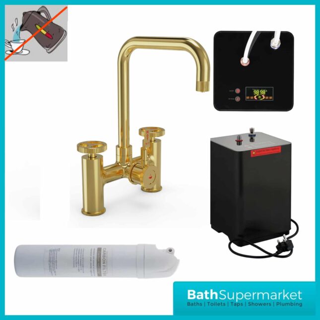 Brushed Brass Industrial Bridge 3-In-1 Instant Boiling Water kitchen Tap - Image 8