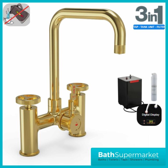 Brushed Brass Industrial Bridge 3-In-1 Instant Boiling Water kitchen Tap