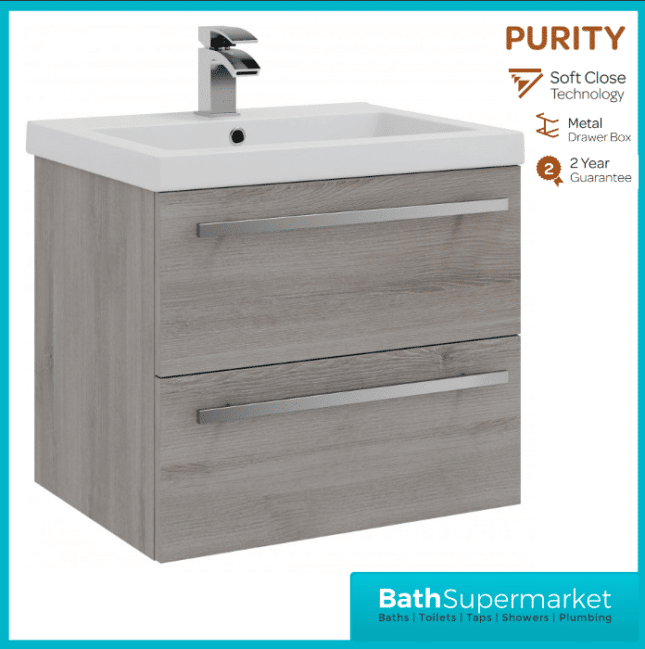 Purity Grey Ash Wall Mounted Drawer Unit & Ceramic Basin 600mm
