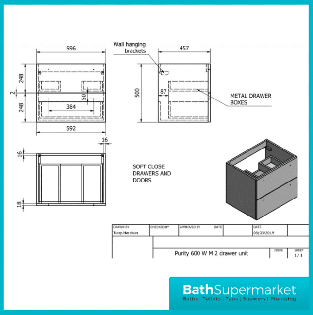 Purity Grey Ash Wall Mounted Drawer Unit & Ceramic Basin 600mm