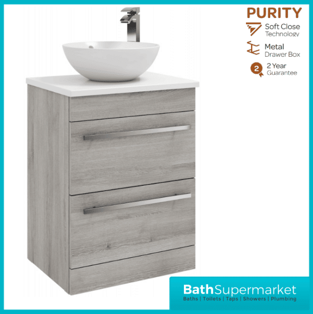 Purity Grey Ash Floorstanding Drawer Unit With Ceramic Worktop & Basin 600mm