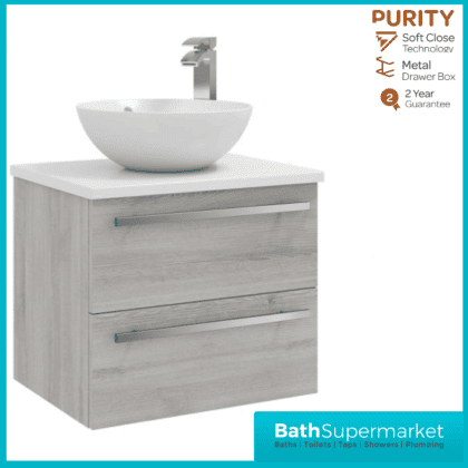 Purity Grey Ash Wall Mounted Drawer Unit With Ceramic Worktop & Basin 600mm