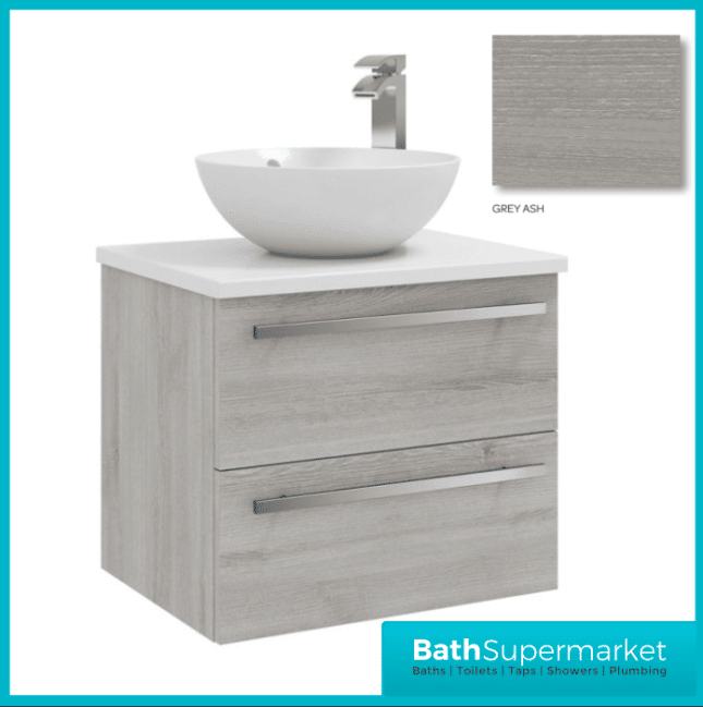 600mm Purity Silver Oak Wall Mounted Drawer Unit With Ceramic Worktop & Basin - Image 2