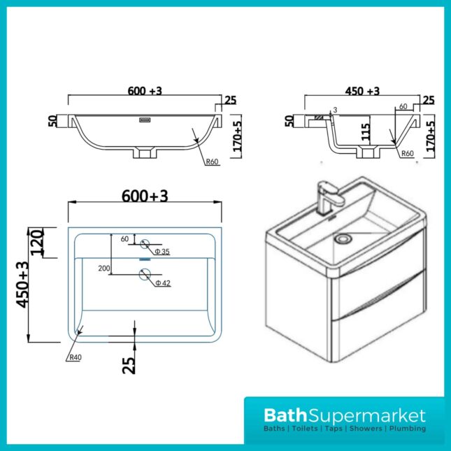 Sognare Cella Matt Grey Wall Hung Vanity Drawer Unit & Basin 600mm Wide
