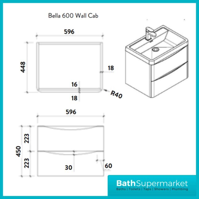 Sognare Cella Matt Grey Wall Hung Vanity Drawer Unit & Basin 600mm Wide