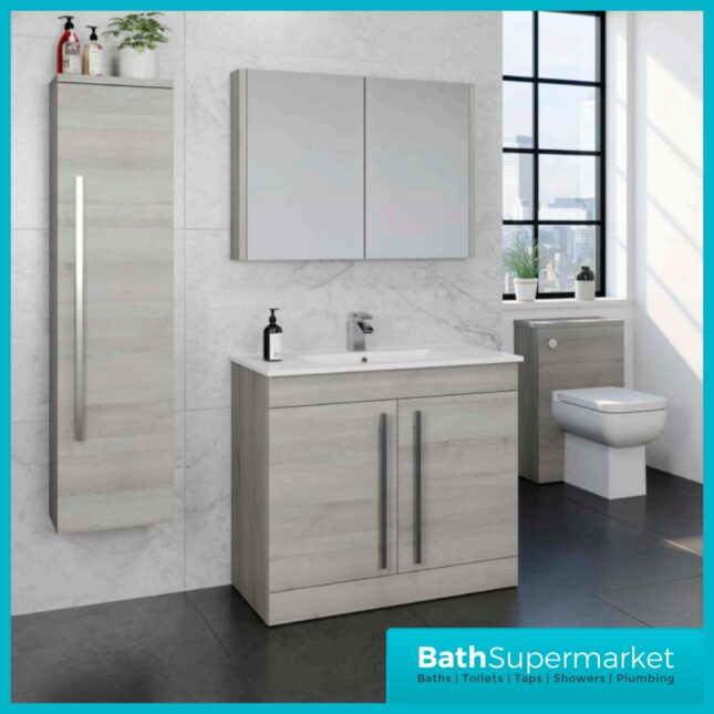 Purity Grey Ash Double Door Bathroom Mirror Cabinet 800mm