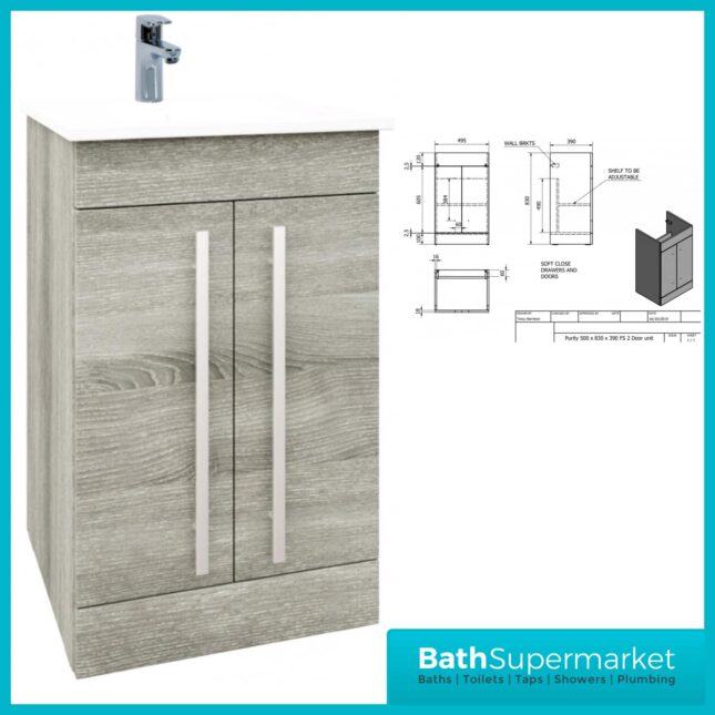 Purity Grey Ash Floorstanding Vanity Unit & Ceramic Basin 500mm