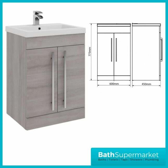 Purity Grey Ash Floorstanding Vanity Unit & Ceramic Basin 600mm
