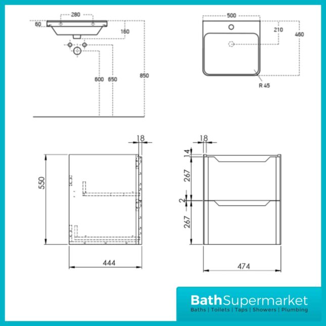 Biella Gloss White Wall Mounted Vanity Unit & Basin 500mm