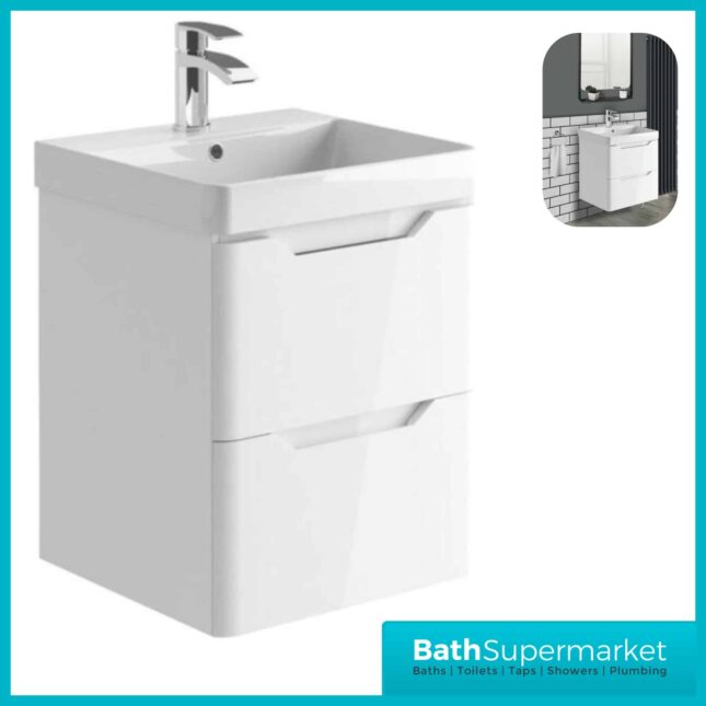 Biella Gloss White Wall Mounted Vanity Unit & Basin 500mm