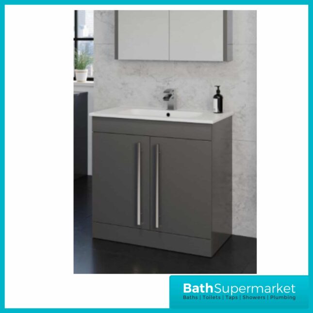 Purity Storm Grey Gloss Floorstanding Vanity Unit & Ceramic Basin 800mm