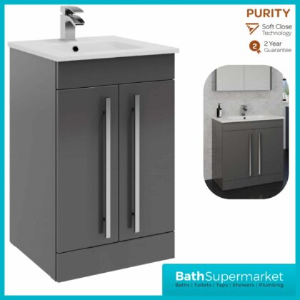 Purity Storm Grey Gloss Floorstanding Vanity Unit & Ceramic Basin 600mm