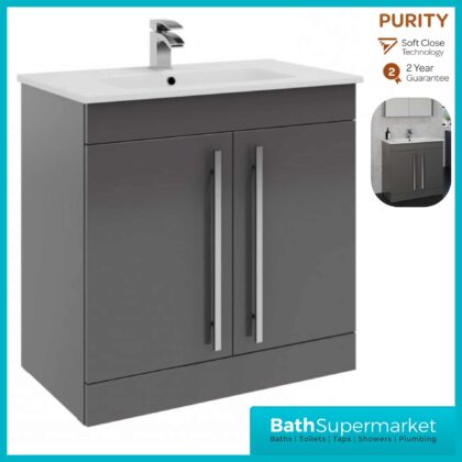 Purity Storm Grey Gloss Floorstanding Vanity Unit & Ceramic Basin 800mm