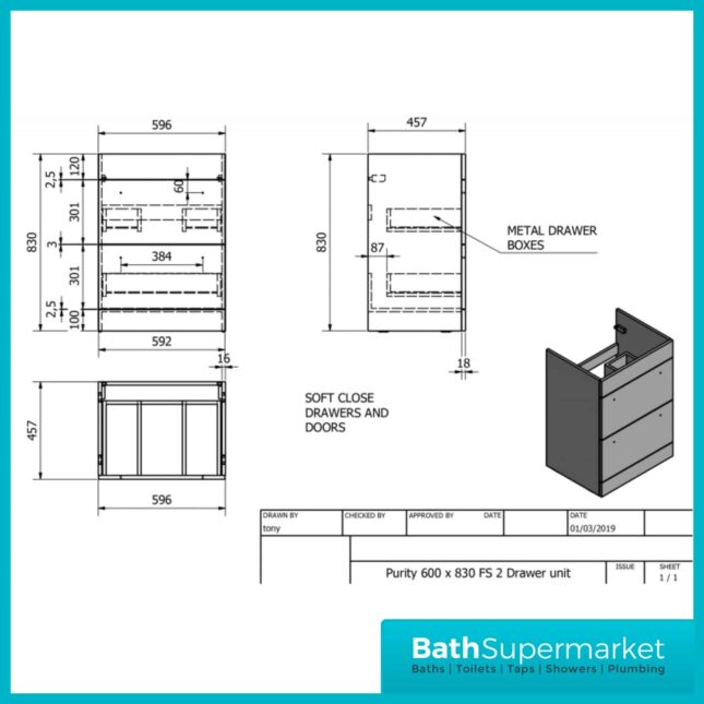 Purity Storm Grey Gloss Floorstanding Drawer Unit & Ceramic Basin 600mm