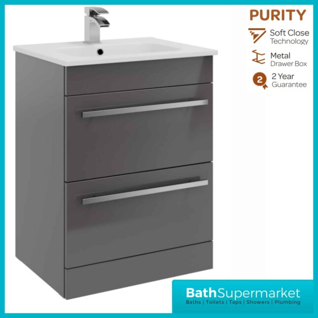 Purity Storm Grey Gloss Floorstanding Drawer Unit & Ceramic Basin 600mm