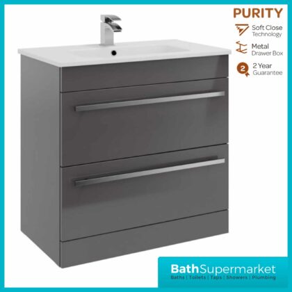 Purity Storm Grey Gloss Floorstanding Drawer Unit & Ceramic Basin 800mm